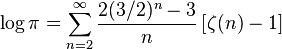 \log \pi =\sum_{n=2}^\infty \frac{2(3/2)^n-3}{n}\left[\zeta(n)-1\right]