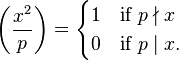 \left(\frac{x^2}{p}\right) = \begin{cases} 1 & \mbox{if }p\nmid x\\ 0 & \mbox{if }p\mid x. \end{cases} 