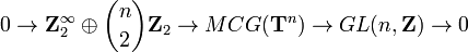 0\to \mathbf Z_2^\infty\oplus\binom n2\mathbf Z_2\to MCG (\mathbf{T}^n)\to GL(n,\mathbf Z)\to 0