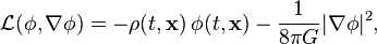  \mathcal{L}(\phi,\nabla\phi) = -\rho(t,\mathbf{x})\,\phi(t,\mathbf{x}) - \frac{1}{8\pi G}|\nabla\phi|^2,