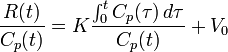 {R(t) \over C_p(t)} = K {\int_0^t C_p(\tau) \, d\tau \over C_p(t)} + V_0