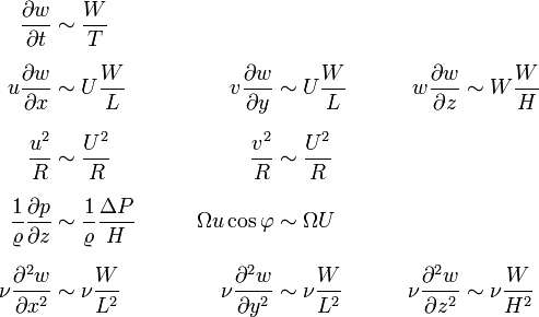 
\begin{align}
{{\partial w }\over{\partial t }} &\sim \frac{W}{T} \\[1.2ex]
u {\frac{\partial w}{\partial x}} &\sim U\frac{W}{L} &\qquad
v {\frac{\partial w}{\partial y}} &\sim U\frac{W}{L} &\qquad
w {\frac{\partial w}{\partial z}} &\sim W\frac{W}{H} \\[1.2ex]
{\frac{u^2}{R}} &\sim \frac{U^2}{R} &\qquad
{\frac{v^2}{R}} &\sim \frac{U^2}{R} \\[1.2ex]
\frac{1}{\varrho}\frac{\partial p}{\partial z} &\sim \frac{1}{\varrho}\frac{\Delta P}{H} &\qquad
\Omega u \cos \varphi &\sim \Omega U \\[1.2ex]
\nu \frac{\partial^2 w}{\partial x^2} &\sim \nu \frac{W}{L^2} &\qquad
\nu \frac{\partial^2 w}{\partial y^2} &\sim \nu \frac{W}{L^2} &\qquad
\nu \frac{\partial^2 w}{\partial z^2} &\sim \nu \frac{W}{H^2}
\end{align}
