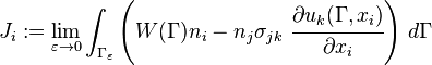 
   J_i := \lim_{\varepsilon\rightarrow 0} \int_{\Gamma_\varepsilon} \left(W(\Gamma) n_i - n_j\sigma_{jk}~\cfrac{\partial u_k(\Gamma, x_i)}{\partial x_i}\right) \, d\Gamma
 