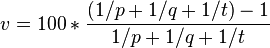  v = 100 * { (1/p + 1/q + 1/t)-1 \over 1/p + 1/q + 1/t}