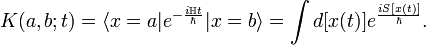 K(a,b;t)=\langle x=a|e^{-\frac{i\mathbb{H}t}{\hbar}}|x=b\rangle =\int d[x(t)]e^{\frac{iS[x(t)]}{\hbar}}.