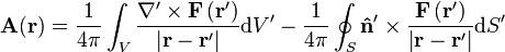 \mathbf{A}(\mathbf{r})=\frac{1}{4\pi}\int_{V}\frac{\nabla'\times\mathbf{F}\left(\mathbf{r}'\right)}{\left|\mathbf{r}-\mathbf{r}'\right|}\mathrm{d}V' -\frac{1}{4\pi}\oint_{S}\mathbf{\hat{n}}'\times\frac{\mathbf{F}\left(\mathbf{r}'\right)}{\left|\mathbf{r}-\mathbf{r}'\right|}\mathrm{d}S'