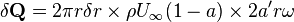 
\delta\mathbf{Q} = 2\pi r\delta r \times \rho U_{\infty}(1 - a) \times 2a'r\omega
