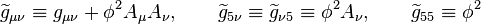 \widetilde{g}_{\mu\nu} \equiv g_{\mu\nu} + \phi^2 A_{\mu} A_{\nu} , \qquad \widetilde{g}_{5\nu} \equiv \widetilde{g}_{\nu 5} \equiv \phi^2 A_{\nu} , \qquad \widetilde{g}_{55} \equiv \phi^2