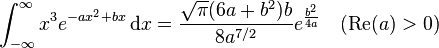 \int_{-\infty}^{\infty} x^3 e^{-ax^2+bx}\,\mathrm{d}x=\frac{\sqrt{\pi}(6a+b^2)b}{8a^{7/2}} e^{\frac{b^2}{4a}} \quad (\operatorname{Re}(a)>0)