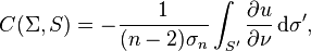 C(\Sigma, S) = - \frac1{(n - 2) \sigma_{n}} \int_{S'} \frac{\partial u}{\partial \nu}\,\mathrm{d}\sigma',