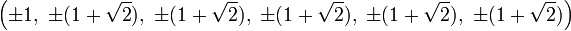 \left(\pm1,\ \pm(1+\sqrt{2}),\ \pm(1+\sqrt{2}),\ \pm(1+\sqrt{2}),\ \pm(1+\sqrt{2}),\ \pm(1+\sqrt{2})\right)