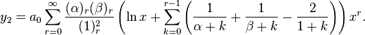 y_2 = a_0 \sum_{r=0}^\infty \frac{(\alpha)_r (\beta)_r}{(1)_r^2} \left(\ln x + \sum_{k = 0}^{r - 1} \left(\frac{1}{\alpha + k} + \frac{1}{\beta + k}-\frac{2}{1 + k} \right) \right) x^r.