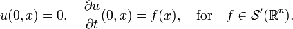  u(0,x) = 0, \quad \frac{\partial u}{\partial t}(0,x) = f(x), \quad \mathrm{for} \quad f \in \mathcal{S}'(\mathbb{R}^n).