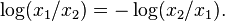  \log(x_1/x_2) = -\log(x_2/x_1). \, 