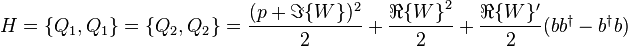 H=\{Q_1,Q_1\}=\{Q_2,Q_2\}=\frac{(p+\Im\{W\})^2}{2}+\frac{{\Re\{W\}}^2}{2}+\frac{\Re\{W\}'}{2}(bb^\dagger-b^\dagger b)