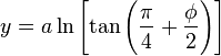 y  = a\ln \left[\tan \left(\frac{\pi}{4} + \frac{\phi}{2} \right) \right]