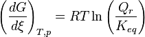 \left(\frac {dG}{d\xi}\right)_{T,p} = RT \ln \left(\frac {Q_r}{K_{eq}}\right)~