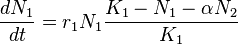 \frac{dN_1}{dt} = r_1 N_1\frac{K_1-N_1 - \alpha N_2}{K_1}\,