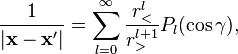   \frac{1}{|\mathbf{x} - \mathbf{x'}|} =
\sum_{l=0}^\infty \frac{r_<^l}{r_>^{l+1}} P_l(\cos\gamma),