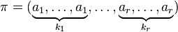 \pi=(\underbrace{a_1,\dots,a_1}_{k_1},\dots,\underbrace{a_r,\dots,a_r}_{k_r})