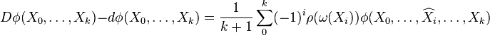 D \phi(X_0, \dots, X_k) - d \phi(X_0, \dots, X_k) = {1 \over k+1} \sum_0^k (-1)^i \rho(\omega(X_i)) \phi(X_0, \dots, \widehat{X_i}, \dots, X_k)