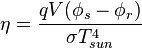 \eta=\frac{qV(\phi_s-\phi_r)}{\sigma T_{sun}^4}