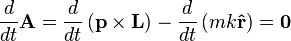 
\frac{d}{dt} \mathbf{A} = \frac{d}{dt} \left( \mathbf{p} \times \mathbf{L} \right) - \frac{d}{dt} \left( mk\mathbf{\hat{r}} \right) = \mathbf{0}
