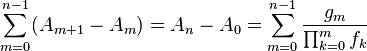 \sum_{m=0}^{n-1}(A_{m+1} - A_m) = A_n - A_0 = \sum_{m=0}^{n-1}\frac{g_m}{\prod_{k=0}^m f_k}