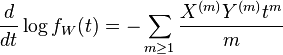 \frac{d}{dt}\log f_W(t)=-\sum_{m\ge 1}\frac{X^{(m)}Y^{(m)}t^m}{m}