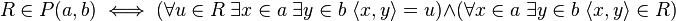 R \in P(a,b) \iff (\forall u \in R \; \exists x \in a \; \exists y \in b \; \langle x,y \rangle = u) \wedge (\forall x \in a \; \exists y \in b \; \langle x,y \rangle \in R)