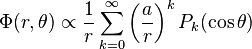 
\Phi(r, \theta) \propto
\frac{1}{r} \sum_{k=0}^{\infty} \left( \frac{a}{r} \right)^{k}
P_{k}(\cos \theta)
