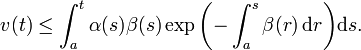 v(t) \le\int_a^t\alpha(s)\beta(s)\exp\biggl({-}\int_a^s\beta(r)\,\mathrm{d}r\biggr)\mathrm{d}s.