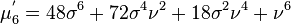 \mu_6^{'}=48\sigma^6+72\sigma^4\nu^2+18\sigma^2\nu^4+\nu^6\,