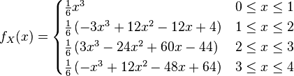 
f_X(x)= \begin{cases}
\frac{1}{6}x^3                         & 0\le x \le 1\\
\frac{1}{6}\left(-3x^3 + 12x^2 - 12x+4 \right)& 1\le x \le 2\\
\frac{1}{6}\left(3x^3 - 24x^2 +60x-44 \right)  & 2\le x \le 3\\
\frac{1}{6}\left(-x^3 + 12x^2 -48x+64 \right)  & 3\le x \le 4
\end{cases}
