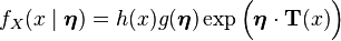  f_X(x\mid\boldsymbol \eta) = h(x) g(\boldsymbol \eta) \exp\Big(\boldsymbol\eta \cdot \mathbf{T}(x)\Big)