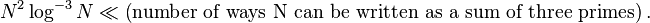 N^2\log^{-3}N\ll\left(\hbox{number of ways N can be written as a sum of three primes}\right).