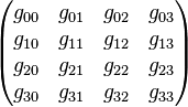 
\begin{pmatrix}
 g_{00} & g_{01} & g_{02} & g_{03} \\
 g_{10} & g_{11} & g_{12} & g_{13} \\
 g_{20} & g_{21} & g_{22} & g_{23} \\
 g_{30} & g_{31} & g_{32} & g_{33} \\
\end{pmatrix}
