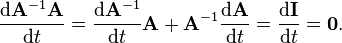 \frac{\mathrm{d}\mathbf{A}^{-1}\mathbf{A}}{\mathrm{d}t}
=\frac{\mathrm{d}\mathbf{A}^{-1}}{\mathrm{d}t}\mathbf{A}
+\mathbf{A}^{-1}\frac{\mathrm{d}\mathbf{A}}{\mathrm{d}t}
=\frac{\mathrm{d}\mathbf{I}}{\mathrm{d}t}
=\mathbf{0}.