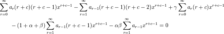 \begin{align} 
 &\sum_{r = 0}^\infty a_r(r + c)(r + c - 1)x^{r + c - 1}    -\sum_{r = 1}^\infty a_{r - 1}(r + c - 1)(r + c - 2) x^{r + c - 1}    +\gamma \sum_{r = 0}^\infty a_r(r + c) x^{r + c - 1} \\ 
   &\qquad -(1 + \alpha + \beta) \sum_{r = 1}^\infty a_{r - 1}(r + c - 1) x^{r + c - 1}-\alpha \beta \sum_{r = 1}^\infty a_{r - 1} x^{r + c - 1} =0
\end{align}