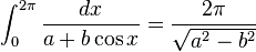 \int_0^{2\pi} \frac{dx}{a+b\cos x}=\frac{2\pi}{\sqrt{a^2-b^2}}