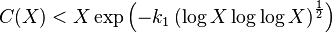 C(X) < X \exp\left({-k_1 \left( \log X \log \log X\right)^\frac{1}{2}}\right)