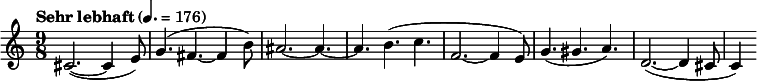 
  \relative c' { \clef treble \time 9/8 \tempo "Sehr lebhaft" 4. = 176 cis2.~( cis4 e8) g4.( fis~ fis4 b8) ais2.~ ais4.~ ais b( c f,2.~( f4 e8) g4.( gis a) d,2.~( d4 cis8 c4) }
