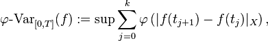 \mathop{\varphi\mbox{-Var}}_{[0, T]} (f) := \sup \sum_{j = 0}^{k} \varphi \left( | f(t_{j + 1}) - f(t_{j}) |_{X} \right),