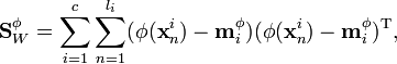 
\mathbf{S}_W^{\phi} = \sum_{i=1}^c \sum_{n=1}^{l_i}(\phi(\mathbf{x}_n^i)-\mathbf{m}_i^{\phi})(\phi(\mathbf{x}_n^i)-\mathbf{m}_i^{\phi})^{\text{T}},
