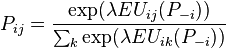 P_{ij} = \frac{\exp(\lambda EU_{ij}(P_{-i}))}{\sum_k{\exp(\lambda EU_{ik}(P_{-i}))}}