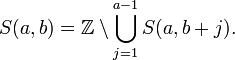 S(a, b) = \mathbb{Z} \setminus \bigcup_{j = 1}^{a - 1} S(a, b + j).