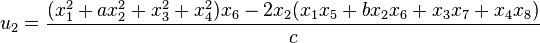 u_2 = \frac{(x_1^2+ax_2^2+x_3^2+x_4^2)x_6 - 2x_2(x_1 x_5 + bx_2 x_6+ x_3 x_7+ x_4 x_8)}{c}