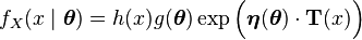  f_X(x\mid\boldsymbol \theta) = h(x) g(\boldsymbol \theta) \exp\Big(\boldsymbol\eta({\boldsymbol \theta}) \cdot \mathbf{T}(x)\Big)