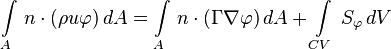 \int\limits_A \, n\cdot(\rho u\varphi)\,dA = \int\limits_A \,n \cdot (\Gamma\nabla\varphi)\,dA+\int\limits_{CV}\,S_\varphi \,dV