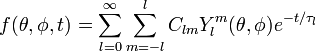 
f(\theta, \phi, t) = \sum_{l=0}^{\infty} \sum_{m=-l}^{l} C_{lm} Y^{m}_{l}(\theta, \phi) e^{-t/\tau_{l}}
